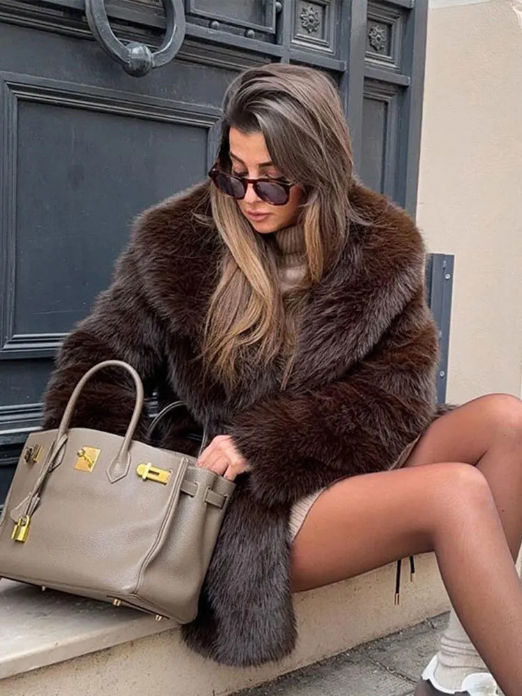 With Belt Fur Coat Fluffy Large Heart Shaped Waist Cinching Deep V Mid Length Overcoat Warm Plush Women Trend Outwear Winter Top 251029