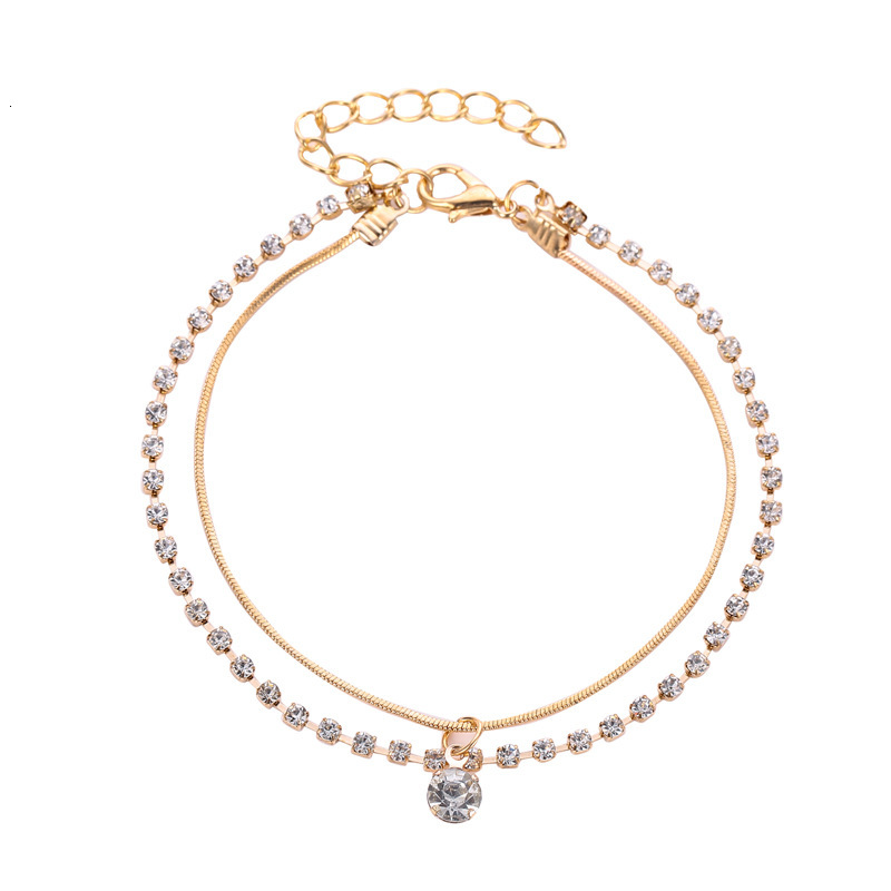 Style Personality Copper Double Layer Inlaid Dia Snake Bone Chain Anklet Women's Beach Foot Jewelry