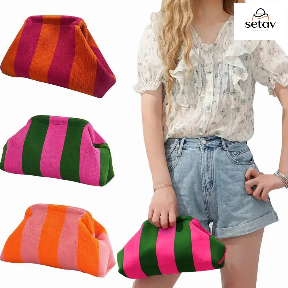 Luxury Handbag Summer Beach For Women Woven Crochet Handbags Purses Knitting Dumpling Clutch Ruched Cute Cloud Casual Colorblock Bag Handbag