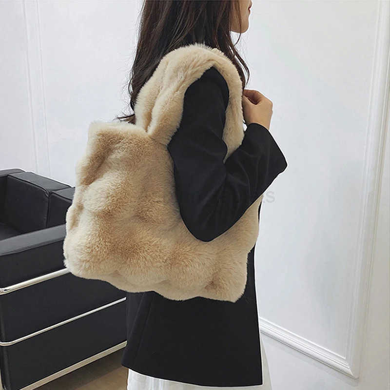 New Women Fluffy Shoulder Bags Autumn Winter Tophandle Handbag Girls Plush Tote Bag Solid Color Commuter Versatile Handle Bag M251030