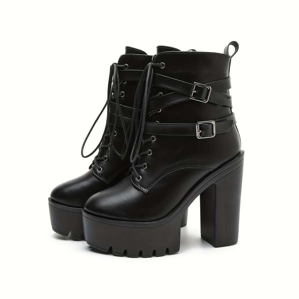 Women's Round Toe Platform Ankle Boots Buckle Detail - Chunky High Heel Booties With Side Zipper, Non-Slip Sole, Fabric Insole, Man-Made Upper PU