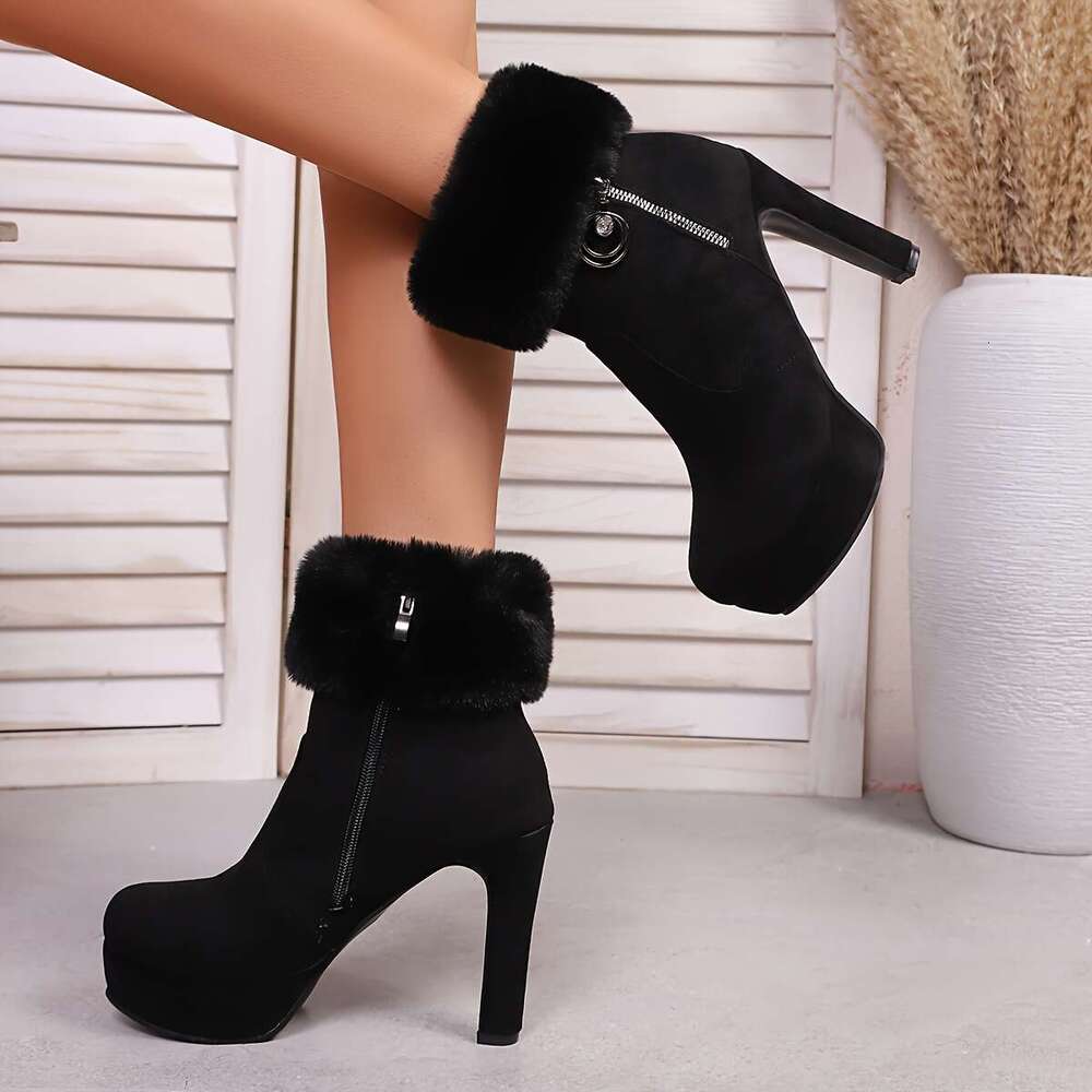 Women's Winter Sexy Chunky Platform Heels, Thick Non-Slip Rubber Sole, Side Zipper Closure, Warm Brown Boots For Parties, Everyday & Formal Event