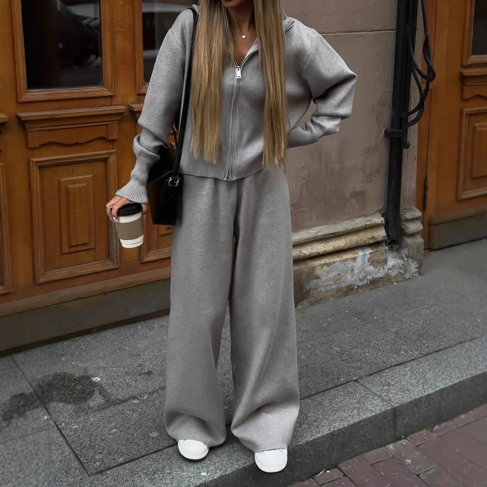 Zekye Womens Knitted Tracksuit Set Zip Up Stand Collar Cropped Jacket Wide Leg Pants Casual Two Piece Outfit Multiple Colors 251029