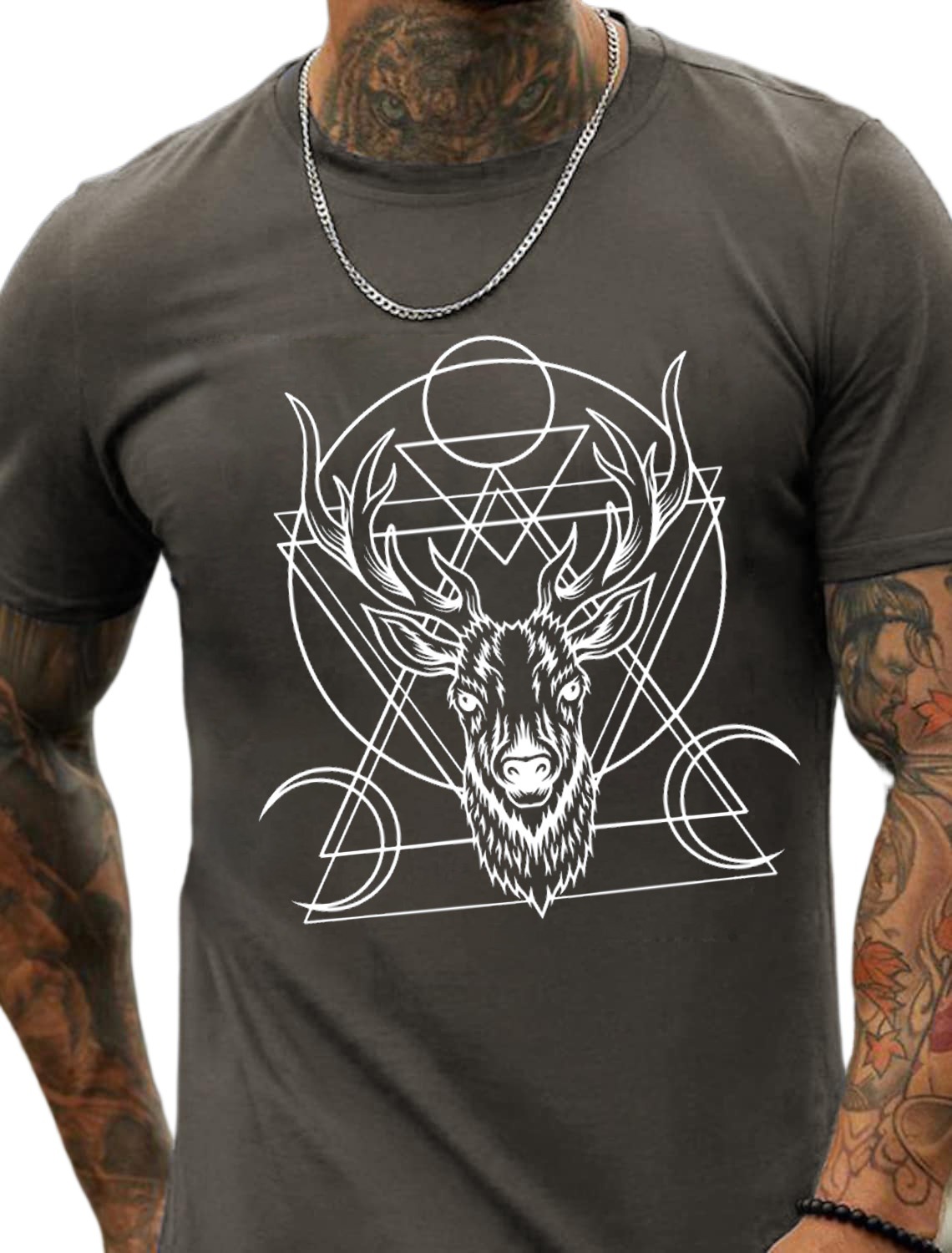 European & American Oversized Deer Head Geometric Print Men's Cotton Summer T-Shirt - TT7193