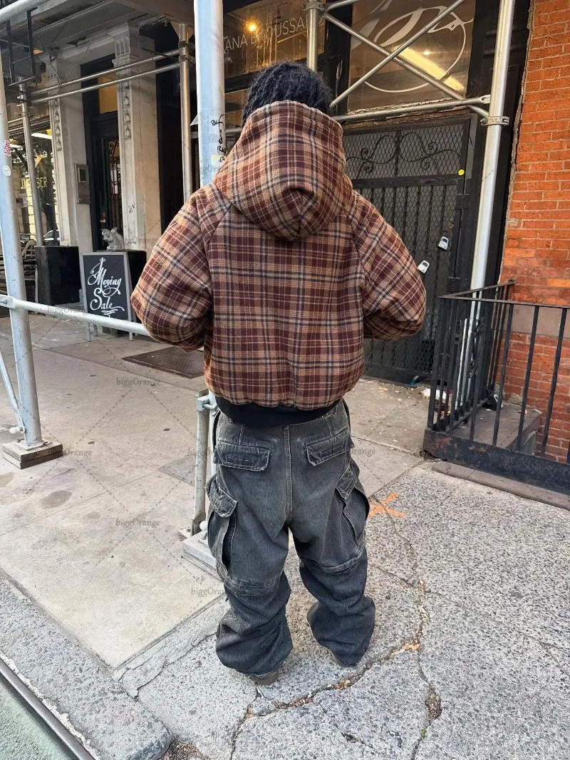 American Style Harajuku Retro Brown Plaid Reversible Fashion Zipper Hoodie Men Street Fashion Casual Loose Sweatshirt 251029