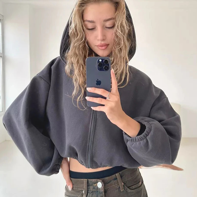 Fall Womens Fashion Zipper Hoodie Cropped Jacket Y2k Solid Color Short Cardigan Long Sleeve Loose Surcoat For Female Sweatshirt 251030