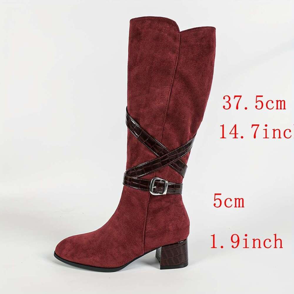 Elegant Bury Knee-High With Chunky Heel, Side Zipper, And Buckle Straps - Women's Round Toe Winter Knight Boots, High Heel Boots