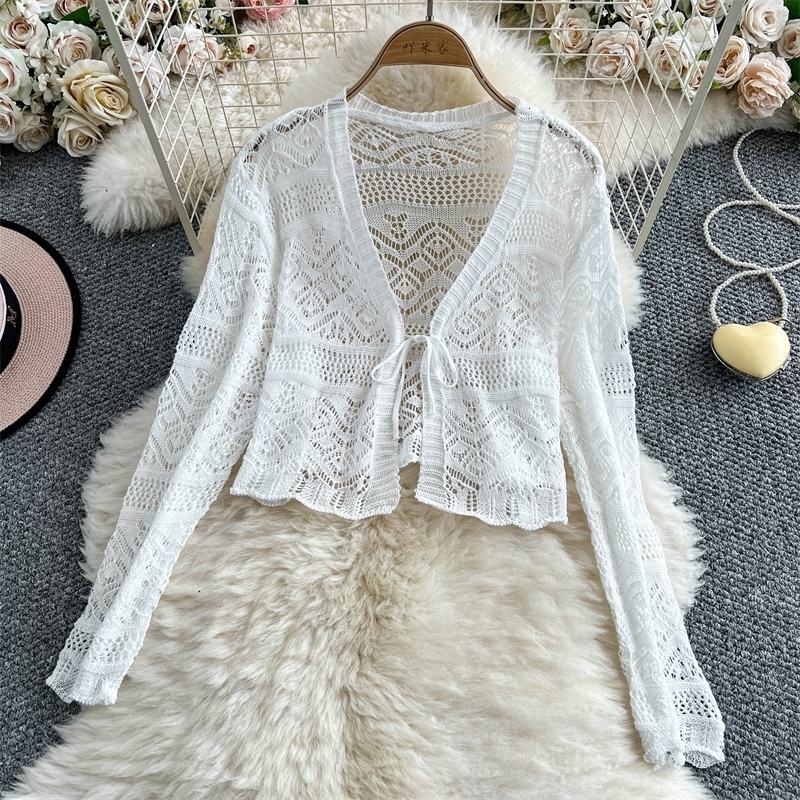 Women Tie Front Crop Cardigan Sheer Openwork Crochet Knit Top Lightweight Bolero Sweater Summer Fairycore Boho Chic Beach Outfit 251010