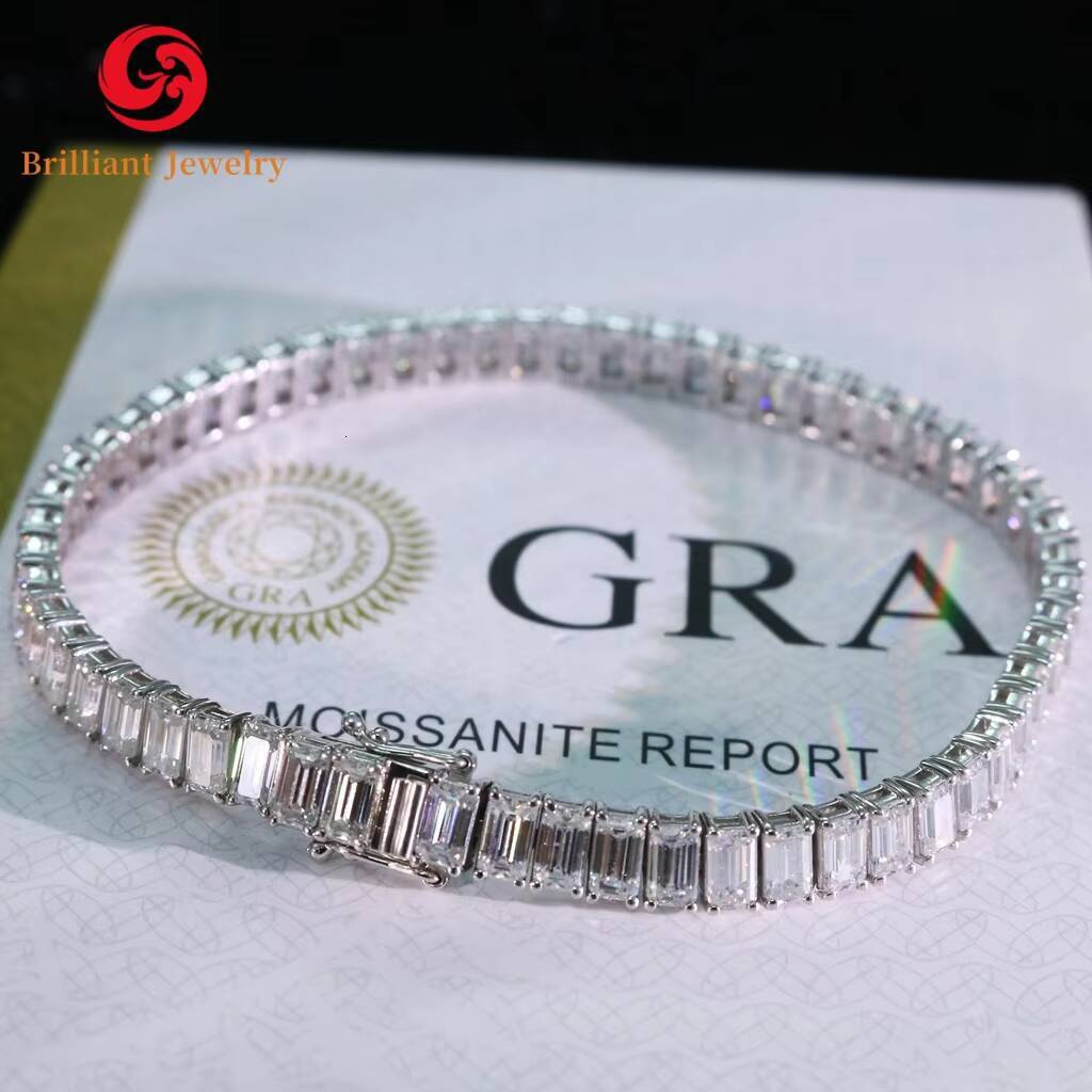 Hip Hop Moissanite Tennis Chain 925 Silver Iced Out Emerald Cut 3x5mm 4x6mm D VVS1 Moissanite Tennis Chain Bracelet