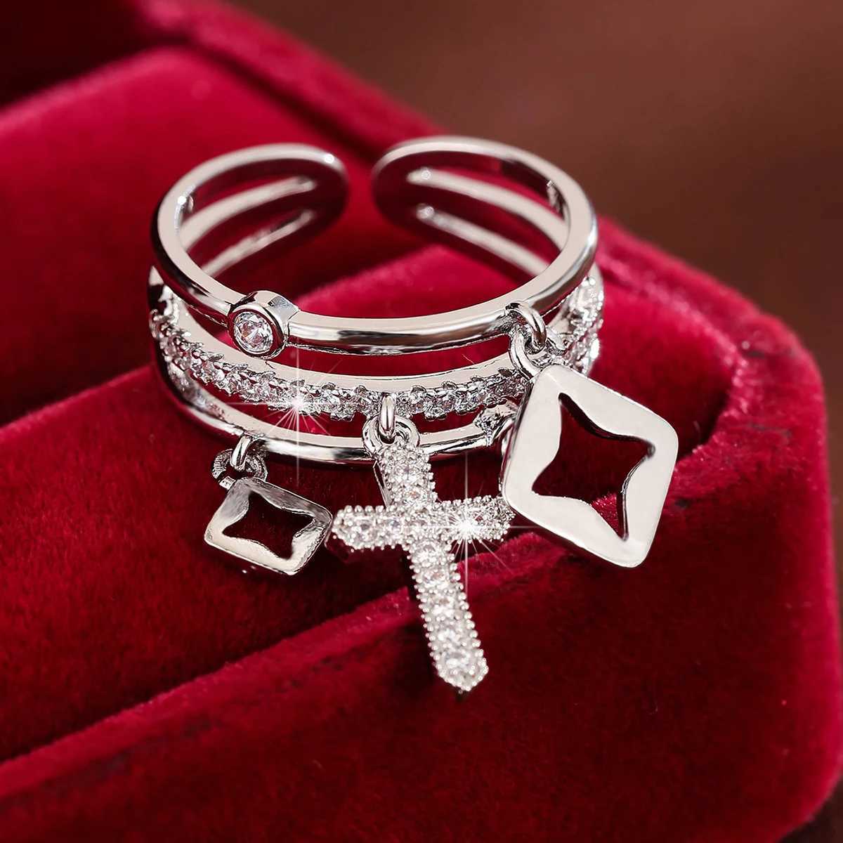 Unique crucifix Multi Layer Opening Ring Adjustable Womens Ring with Synthetic ZirconiaW251030