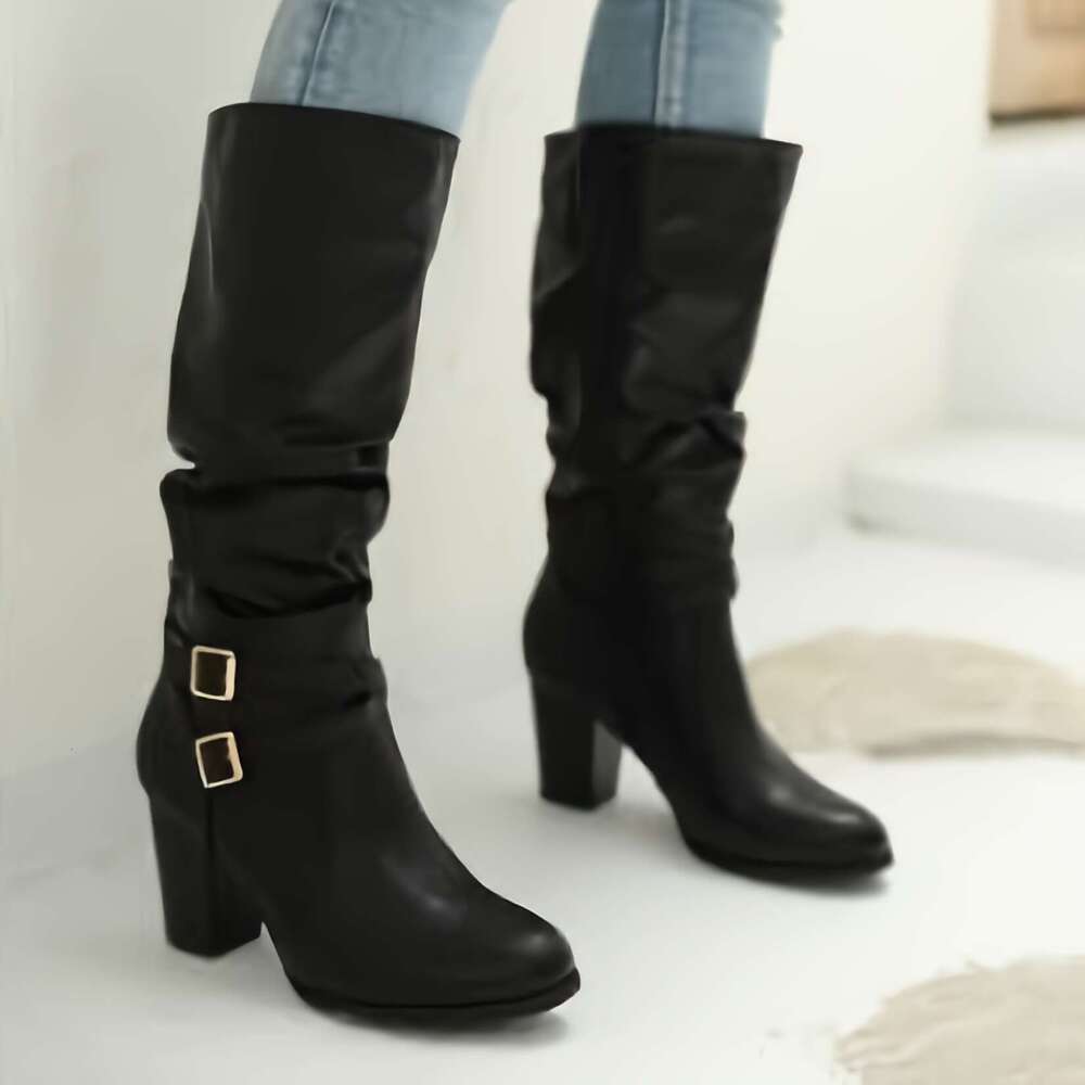 Women's Mid Knee High Boots, Thick Heel, Casual Metal Buckle, Side Zipper, Fashionable Long Boots