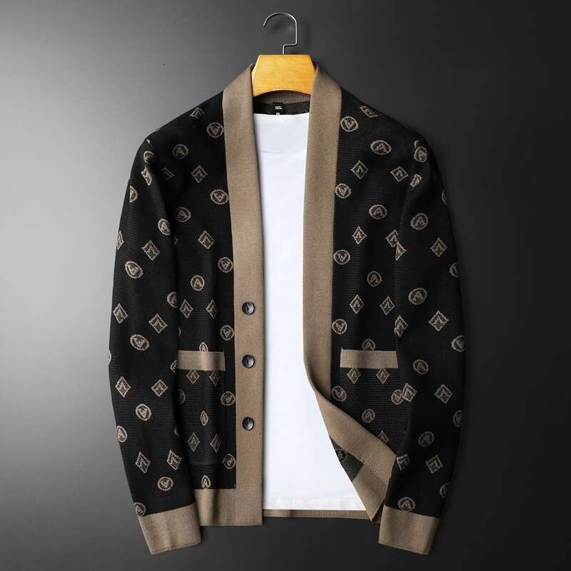 Premium Luxury 2024 Autumn/Winter V-neck Exquisite Embroidered Embossed Men's Cardigan Casual Warm Knitted Sweater Cardigan
