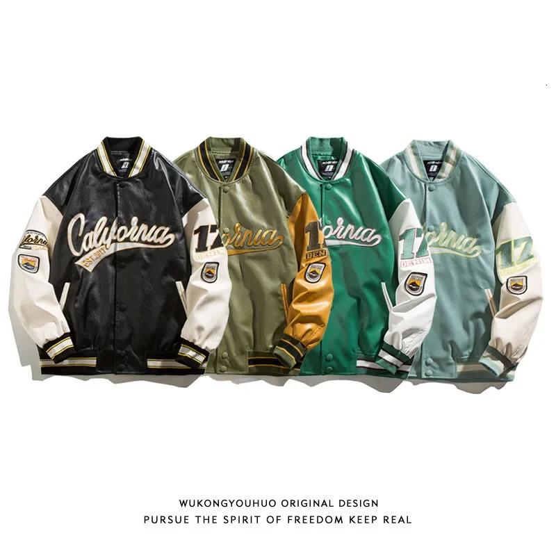 Trendy Mens PU Leather Baseball Jacket Spring Autumn Loose Couple Pilot Coat Embroidered Outerwear Casual 251028