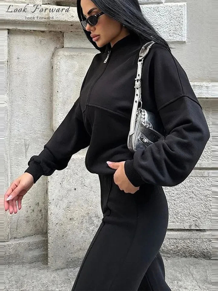 Casual Sweatshirt Pants Set Women Spring Autumn Zippers Oneck Jacket Loose Laceup Elastic Waist Trousers Suits Lady Solid 251029