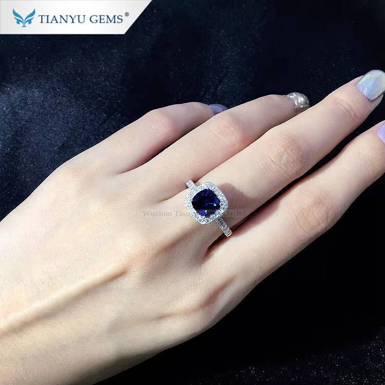 Tianyu Gems 7mm Cushion Cut Lab Sapphire Hao Ring Blue Corundum Gemstone 18k Au750 14k 10k White Gold Engagement Rings for Women