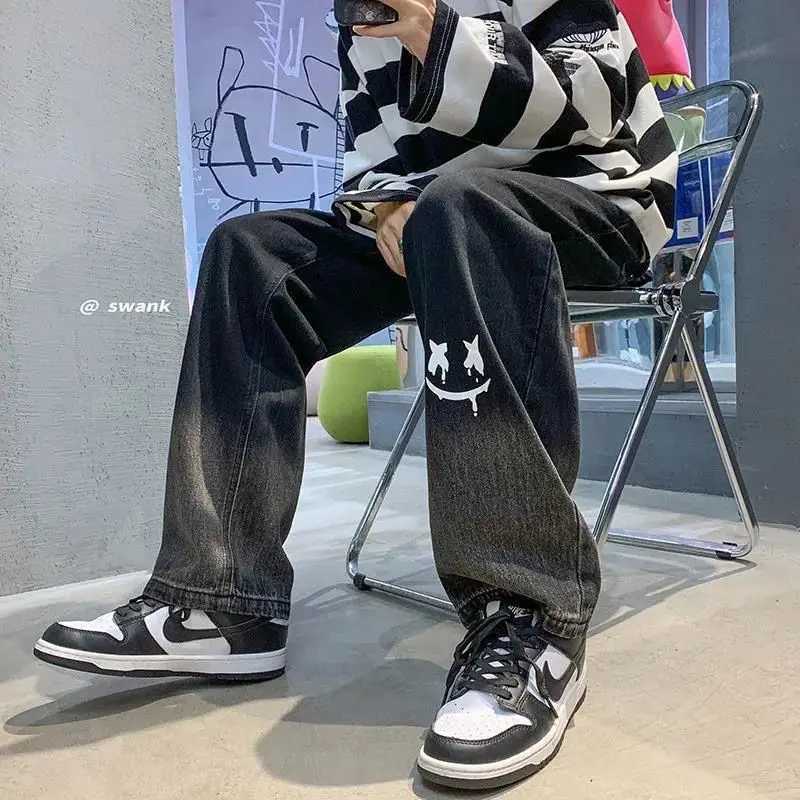 Harajuku Smile Print Baggy Pants Men Streetwear Wide Leg Oversize Jeans Vintage Y2k Straight Long Trousers Male 2024 Fashion J2510301