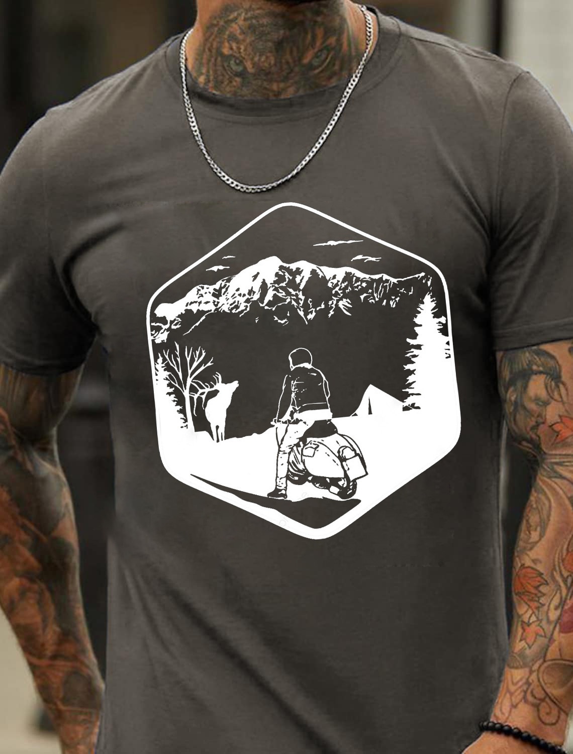 European and American Oversized Mountain and Motorcycle Print Men's Cotton Summer T-Shirt - TT7252
