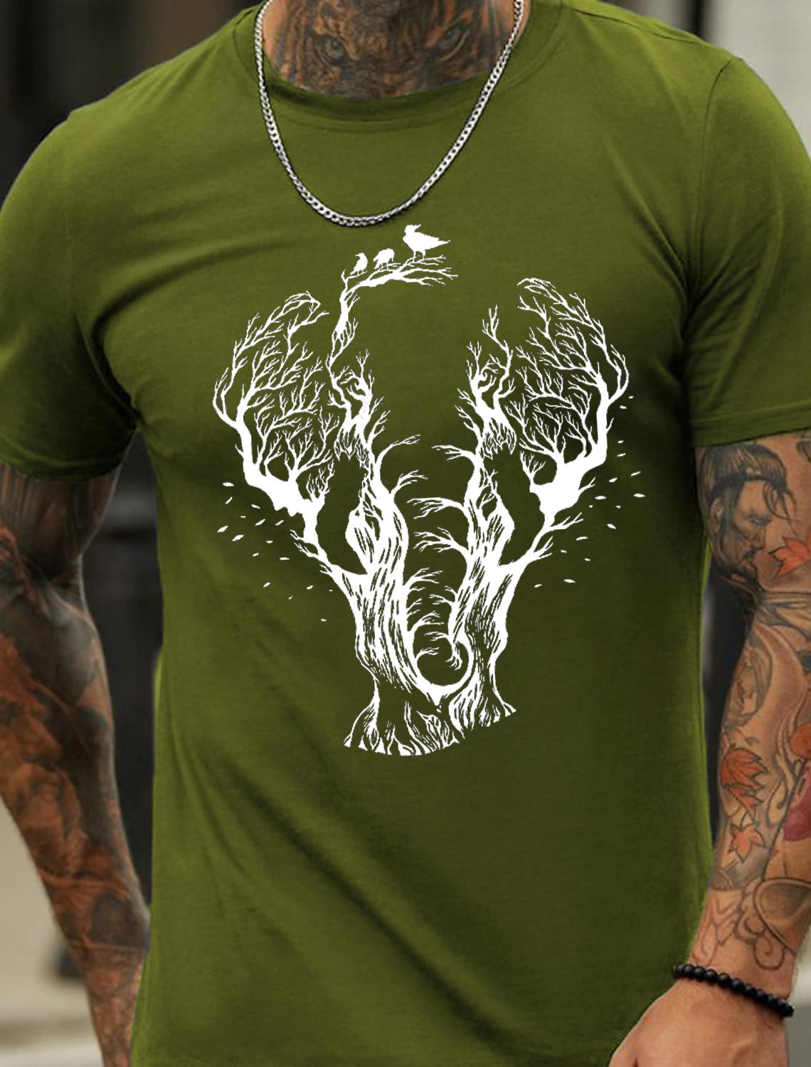 European and American Oversized Elephant and Forest Print Men's Cotton Summer T-Shirt - TT7185