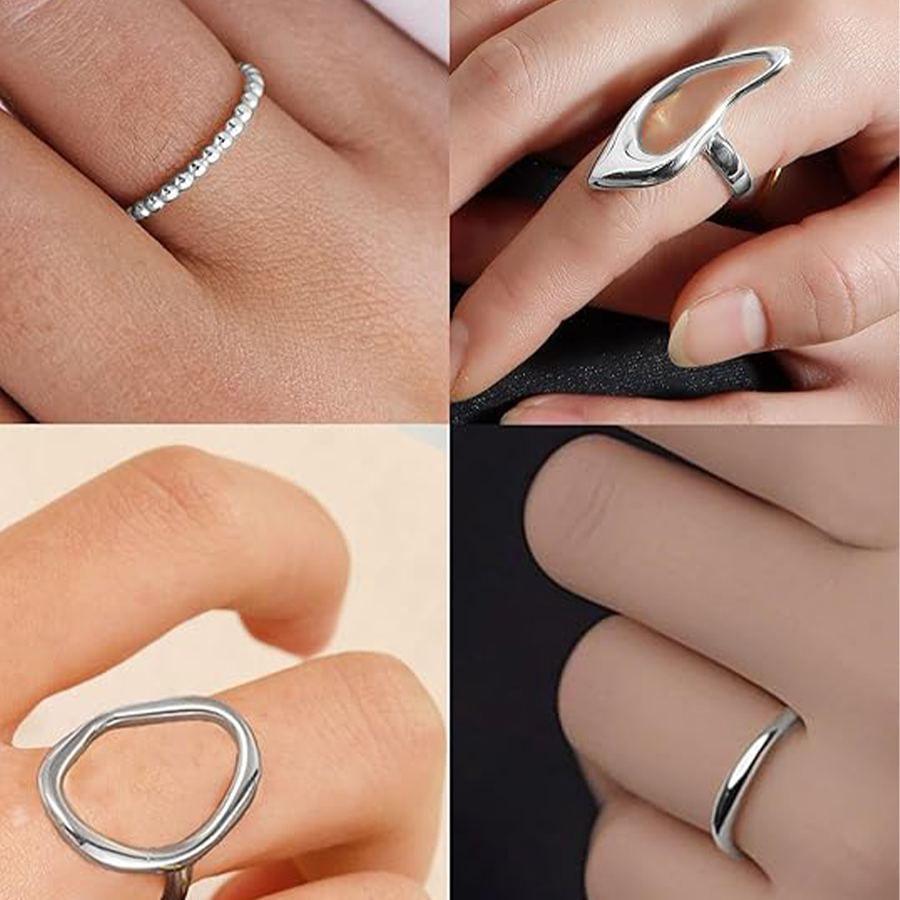 12Pcs Silver Stackable Rings Silver Plated Chunky Knuckle Finger Ring Geometric Bead Cloud Wave Flower Hollow Statement Bands Signet Open Rings Adjust