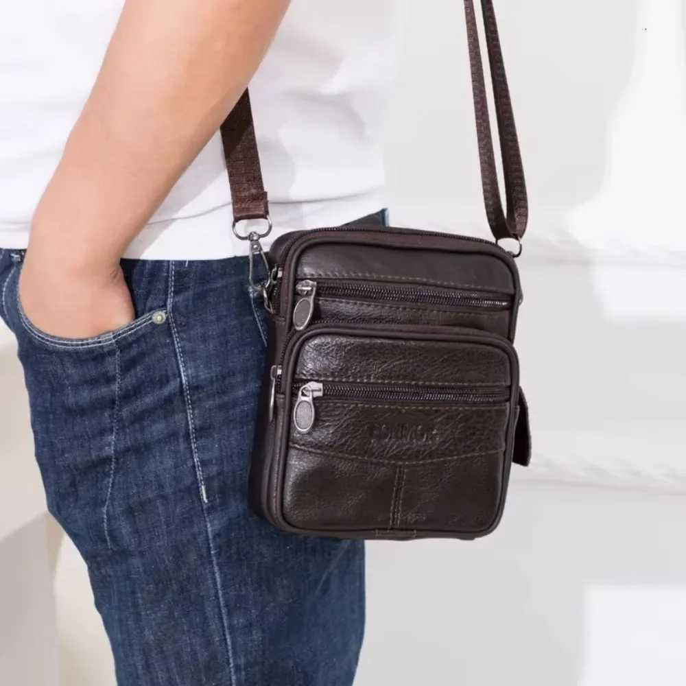 Mens Vintage Genuine Leather Shoder Bag High Capacity Crossbody Messenger Bag with Belt Brown Belt Pack Y251011