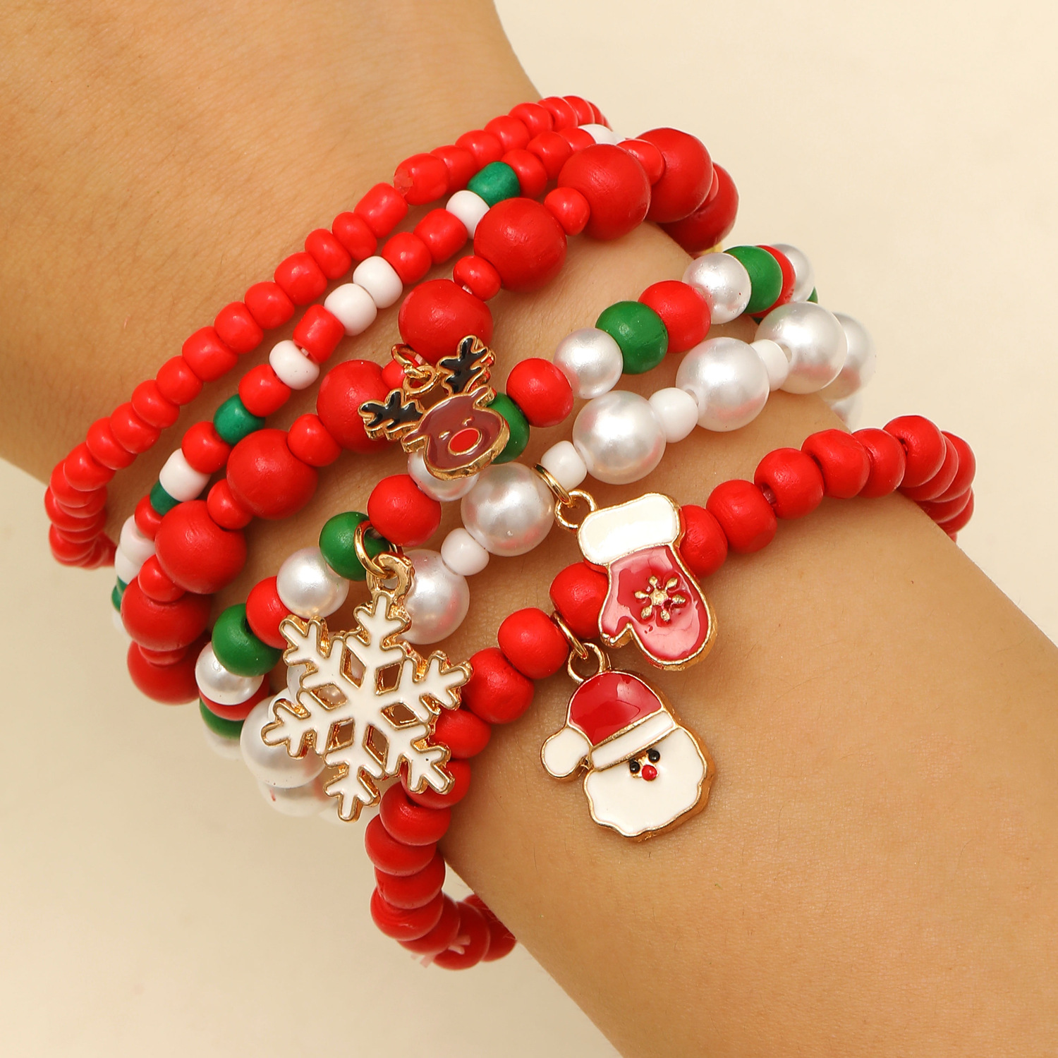 Colorful Holiday Inspired Beaded Bracelts Set: Santa Clause, Snowflakes, Elks