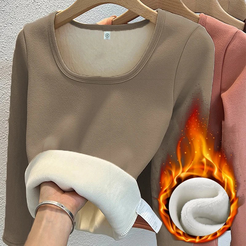 Womens Long Sleeve Top Thermal Underwear Tops Square Collar Fleece Basic Pullover Fashion Thermal Shirt Winter Clothes Woman 251030