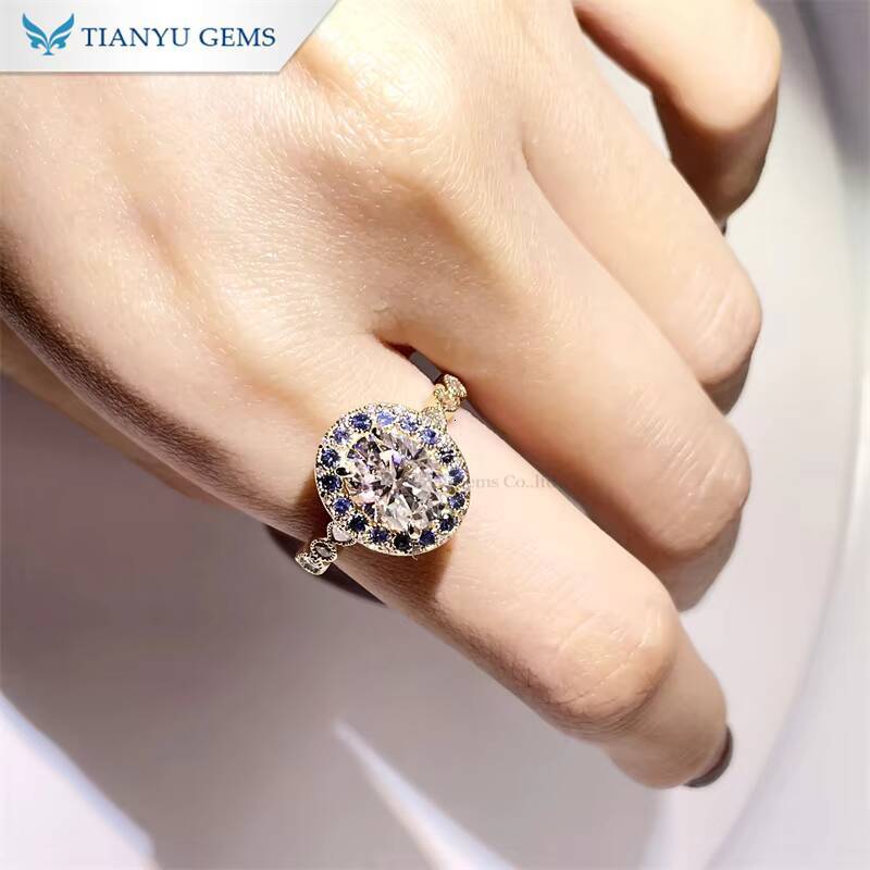 Tianyu Gems 79mm Oval Hearts and Arrows Cut Moissanite D VVS1 and Sapphire halo 14k Yellow Gold Ring for Women Wedding