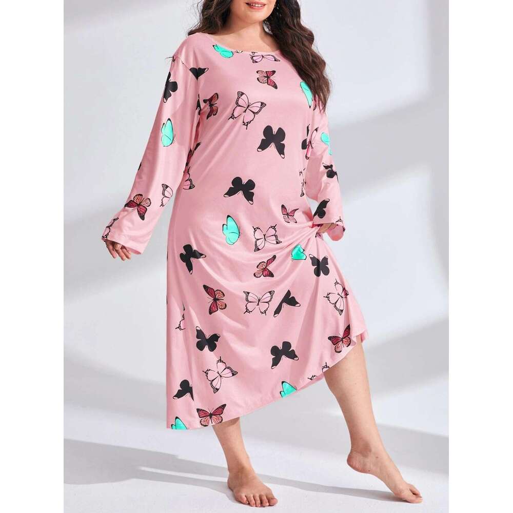 2025 Plus Size Women's Sleeve Butterfly Heart Leopard Print Off-Shoulder Long Nightdress Dress