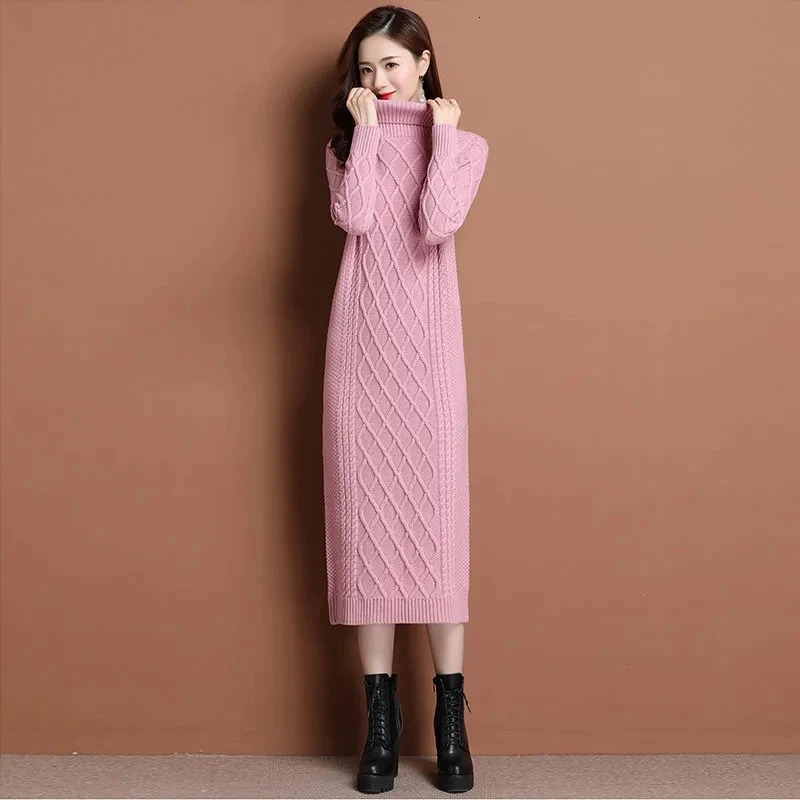 Female High Neck Long Sweater Women Thickened Autumn Winter Loose Outer Wear Twist Base Dress Femme Knit Dress Elegant 251029