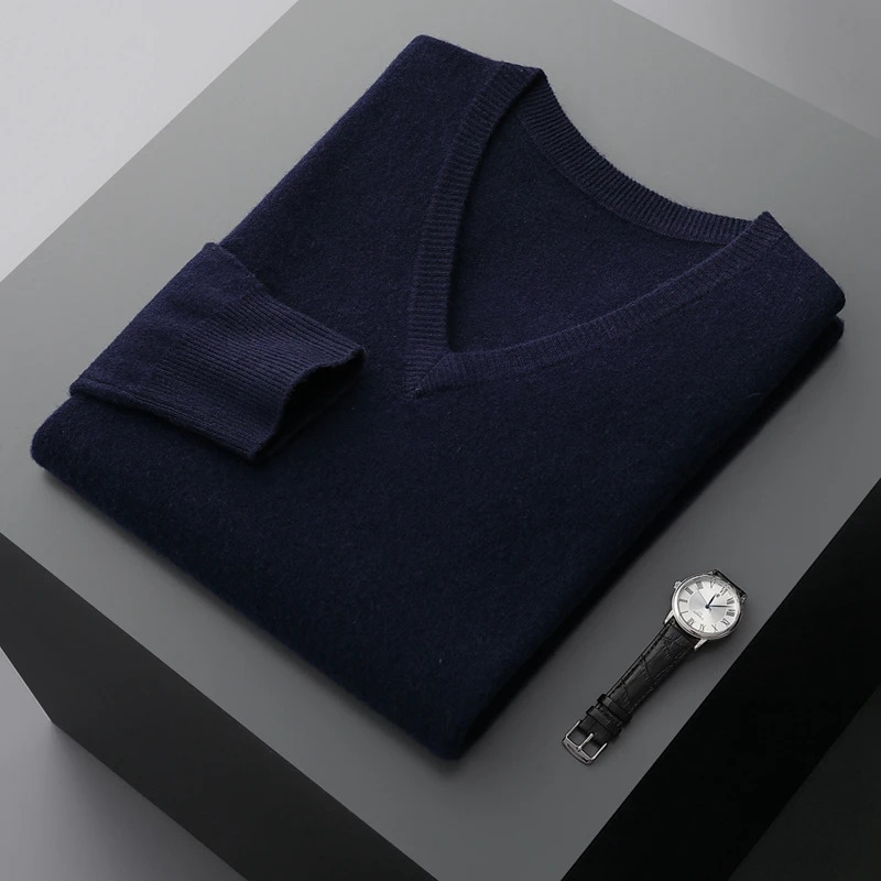 Autumn And Winter Mens VNeck Cashmere Loose Thickened Solid Color Wool Knitted Bottoming Shirt Business Casual Sweater 251029