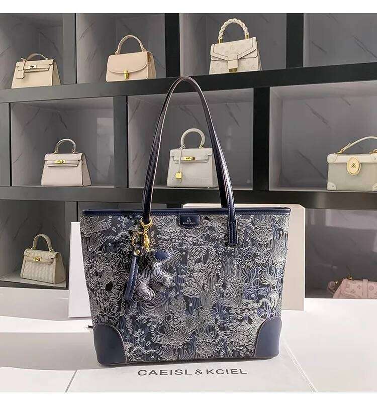 Large Capacity Blue Color Embroidery Tote Fashion Purse High Quality Women Handbag Shoulder Underarm Female Shopping Bag