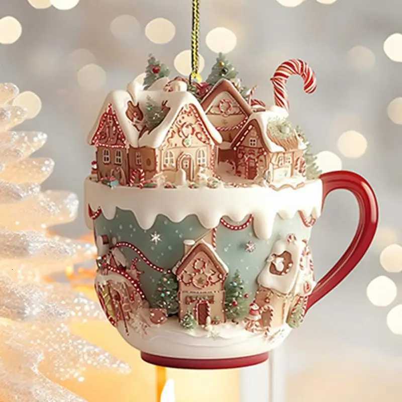 Acrylic coffee cup ornament 2D Art Keychain Pendant Christmas Snow House Pendant Decoration Christmas tree pendant decoration C251030