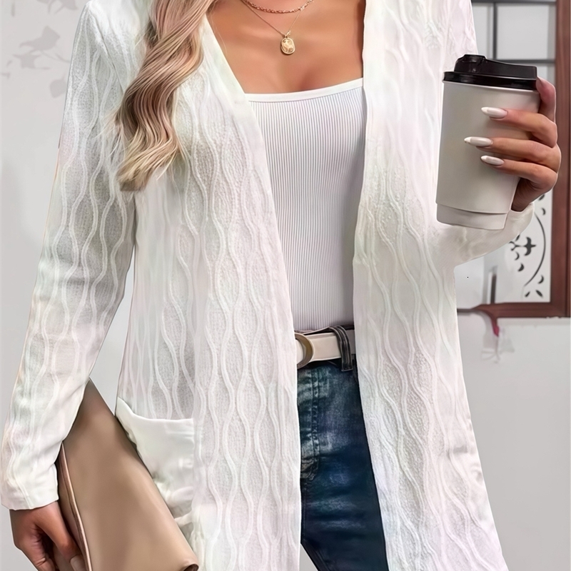 Comfy Fall Cardigan for Women Casual Elegant Solid Textured Fabric Pocket Front Open Womens Loose Cover Up 251010