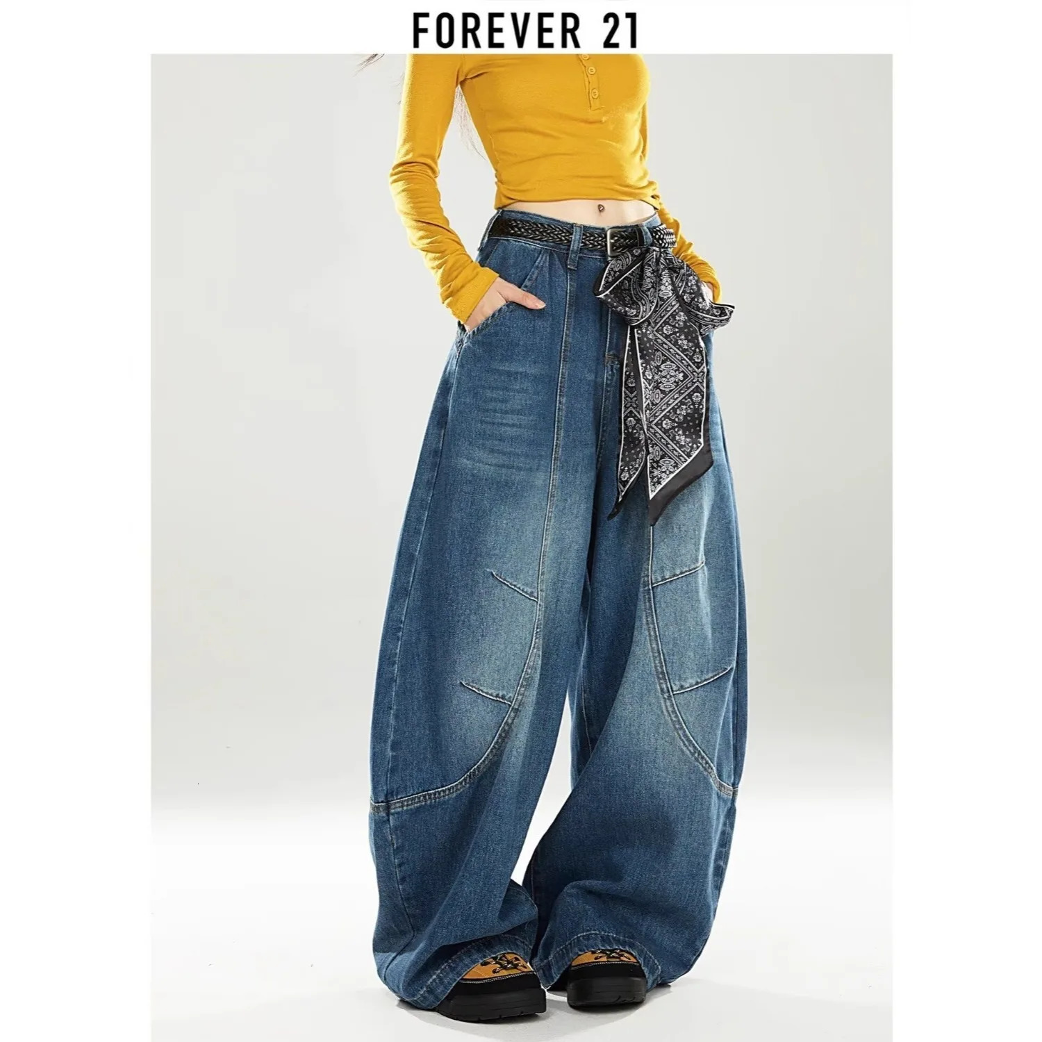 Americanstyle high street stitching curved blade womens jeans Y2K fashionable Ins scarf large size loose wide leg pants 251029