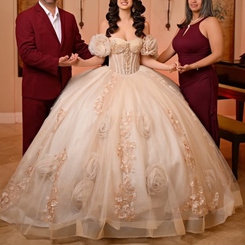 Champagne Shiny Quinceanera Dresses Off The Shoulder Applique Flower Beading Tull Party Birthday Sweet 16 Dress Vestidos 15 Anos