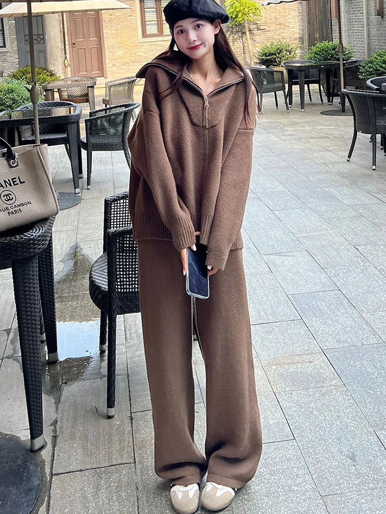 Classic Solid Knitted 2 Piece Sets Women Lapel Neck Knitwears Sweater Pullover Tops Conjuntos High Waist Loose Sweatpants Outfit 251029