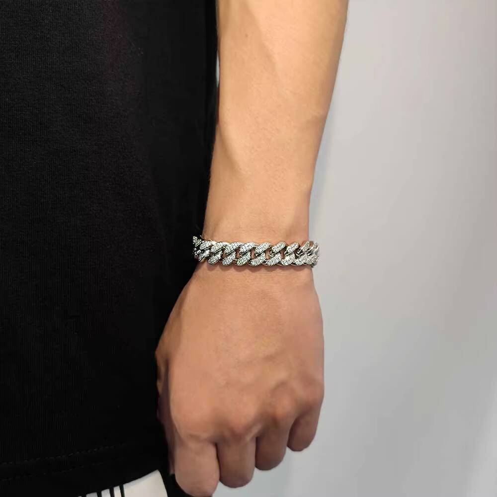 High Quality 12mm Hip Hop Chain Iced Out Cuban Bracelet Two Row moissanite Stone Gold Plated Cuban Bracelet for Men Designer's style
