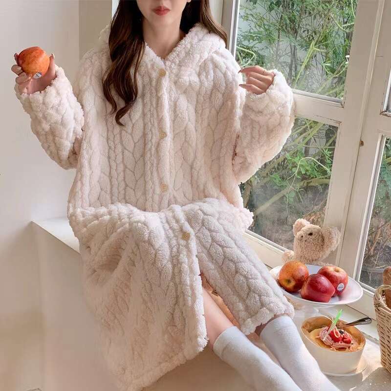 Nightgown Robe for Women Winter Lined Thickened Warm Coral Fleece Bathrobe Flannel High-end Feel Plus Size Loungewear 7811