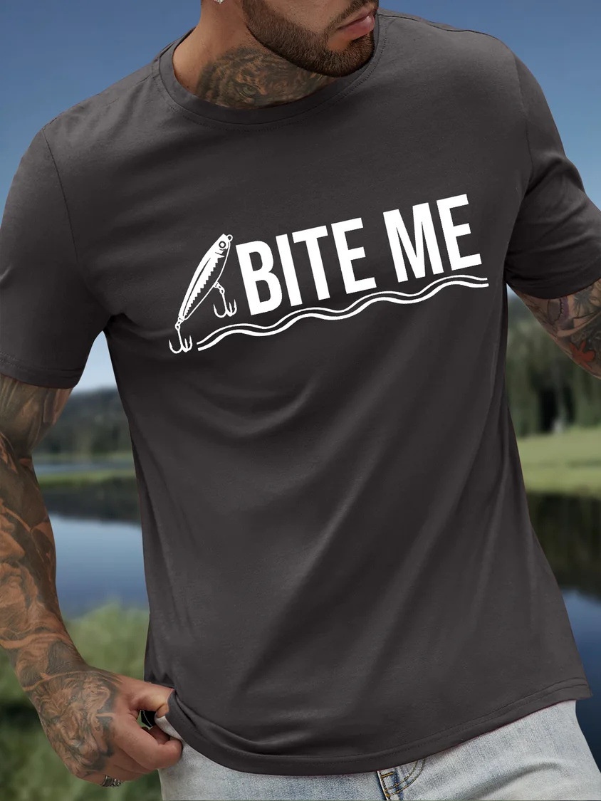 European & American Oversized Men's Funny Fishing Enthusiast Graphic Letter Print Cotton Casual Relaxed Fit T-Shirt - TT7302