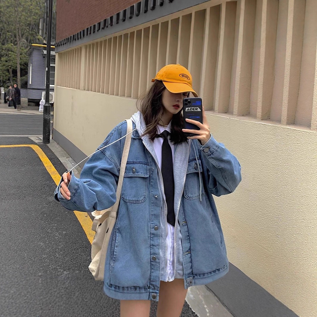 Stylish Designer Coat Denim Jacket For Men Spring And Autumn Trendy Brand Ins Style Hooded Loose Fit Versatile Coat Trendy Korean Version Fake Two-pie