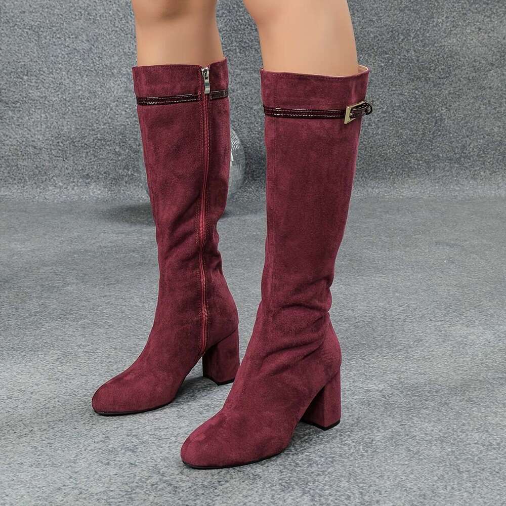 Coarse Heeled Round Toe High-Heeled Bury Side Zipper Knight Knee High Boots, And Long Boots