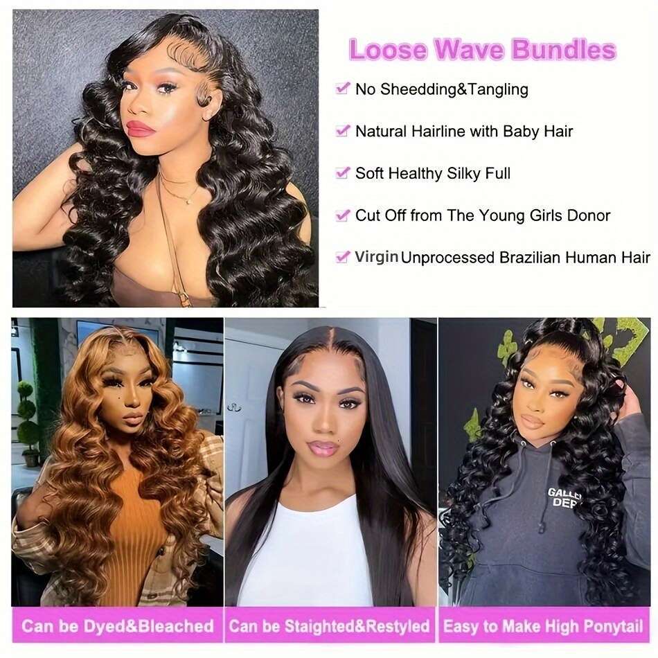 3 Bundles Brazilian Loose Wave Human Extensions With 5X5 Transparent HD Lace Closure - Natural Black Unprocessed Hair Weave, Voluminous Waves Women, S