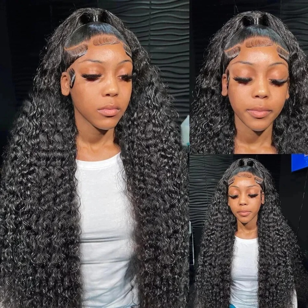 Black Curly Human Hair Wigs 13x4 HD Lace Front Wigs Deep Water Wave Lace Frontal Wigs Brazilian Hair Preplucked Ready To Wear Heat Resistant Synthetic