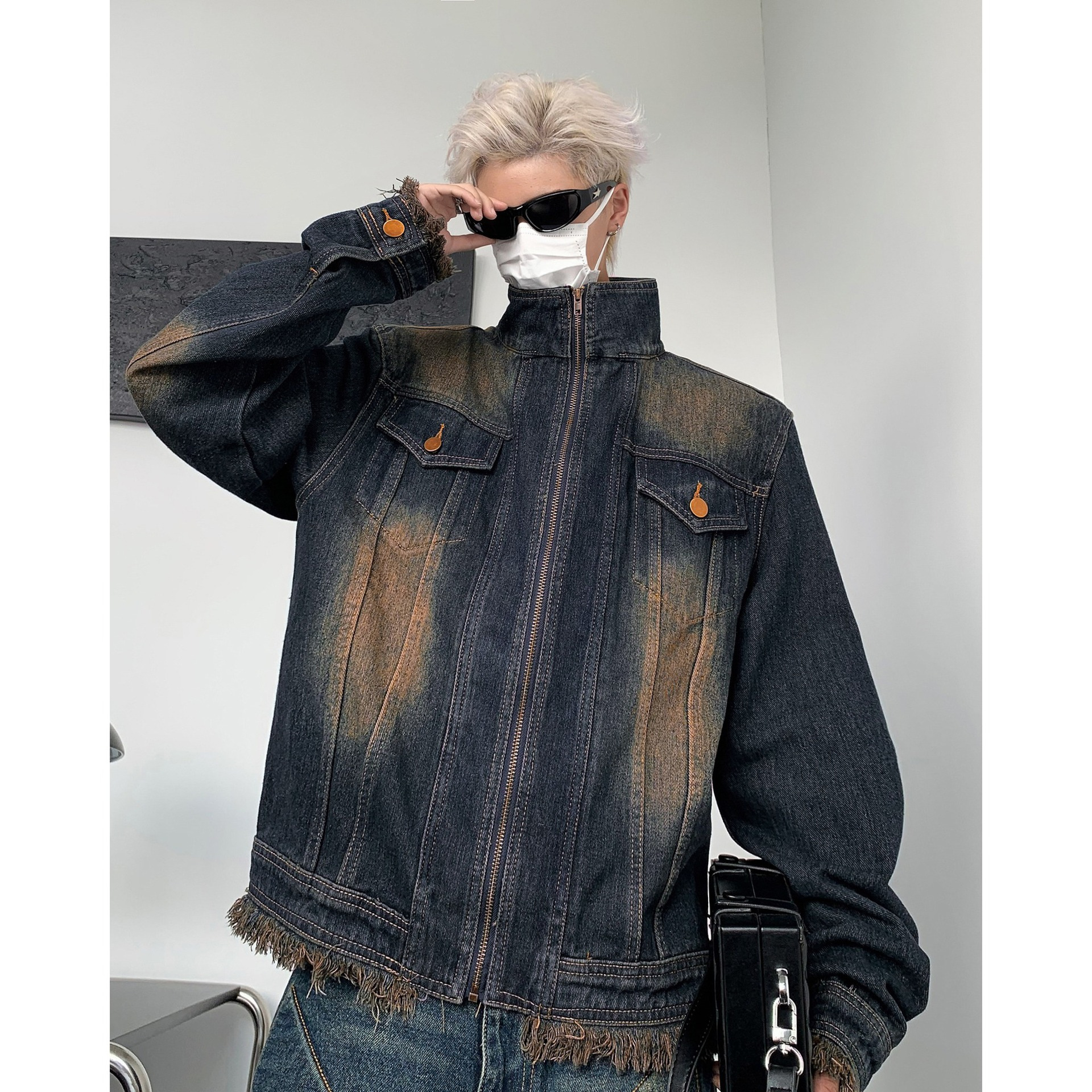 Spring And Autumn American Designer Jacket High Street Style Unisex Denim Jacket High-end Couple Motorcycle Trendy Brand Fake Two-piece Jacket For Men