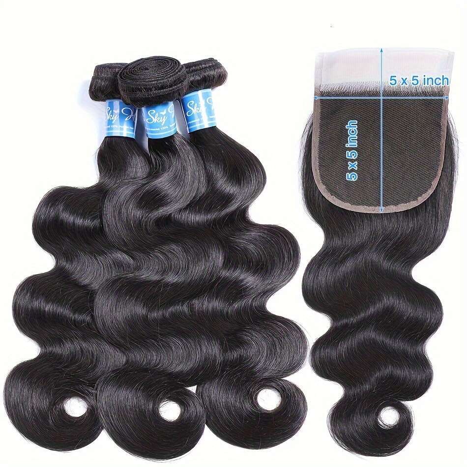 Body 100% Brazilian Virgin 3 5X5 Free Part Lace Human With Closure Color Weaving Extensions Bundles, Hair Bundles For Weaving, Natural Wave Texture, S