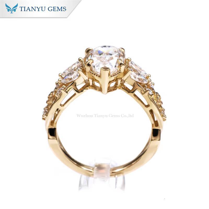 Tianyu Shining 8x12mm 4CTW Pear Cut Moissanite Diamond Solid Gold Rose Band 10K 14K 18K Milgrain Engagement Ring Wedding Gifts