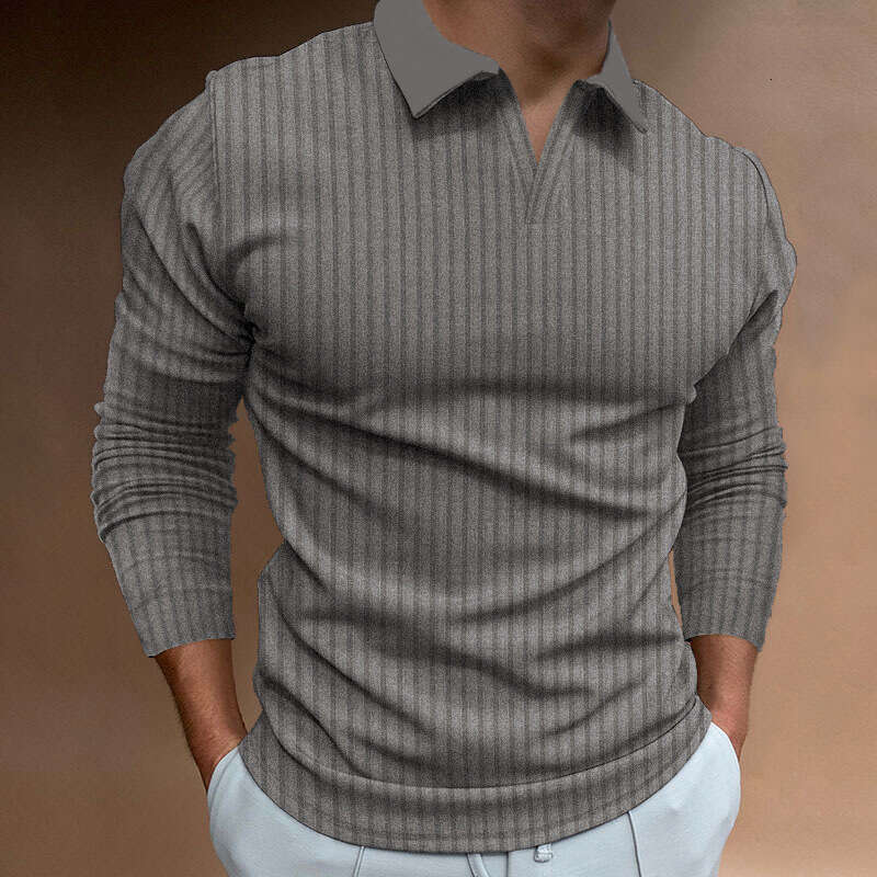 Men's Autumn Sports Fitness Casual Stand Collar Stretch Vertical Stripe Long Sleeve V-Neck Polo