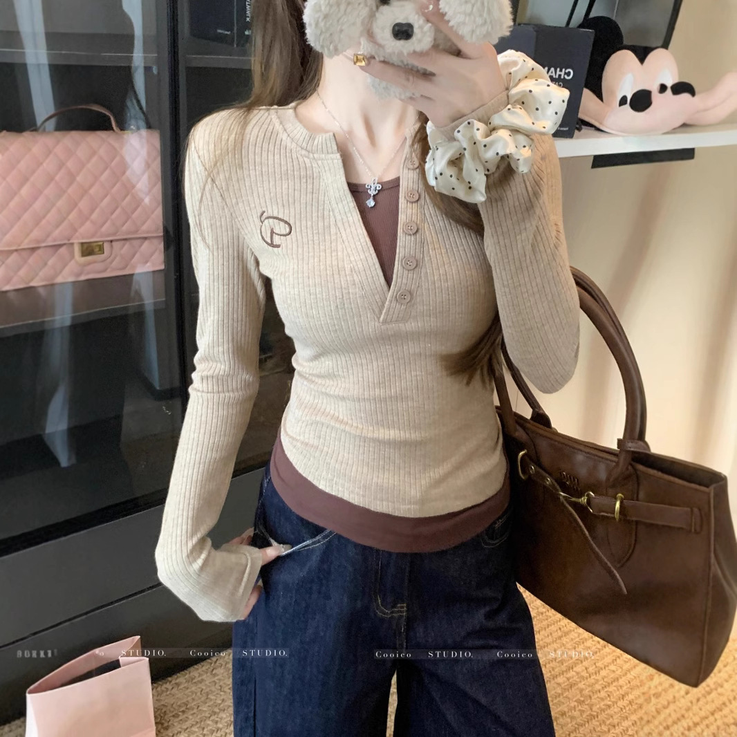 American designer fashion retro contrasting fake two-piece long sleeved t-shirt base shirt for women autumn new style spicy girl slim fit slimming sho