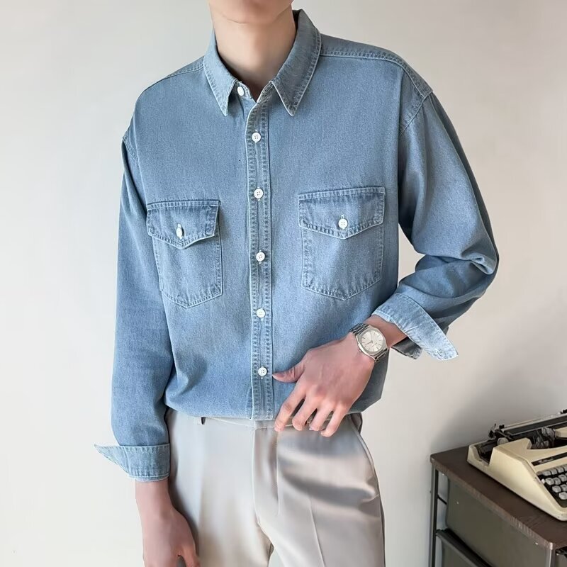 Light Mature Style Spring And Autumn Shirt Korean Loose Long Sleeve Shirt Men 2025 Trendy Washed Denim Designer Jacket Shirt Jacket Men