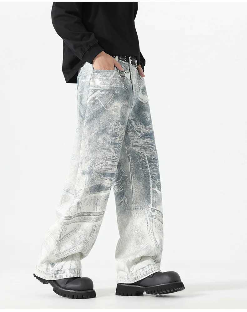 2025 Autumn New American Fashion 3D Digital White Loose Jeans Dirty Printed Jeans Mens Casual Straight Leg Floor Pants J251030